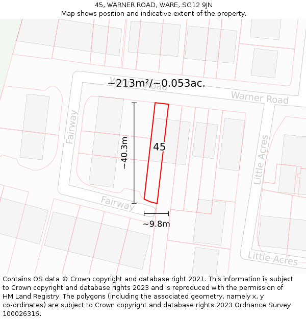 45, WARNER ROAD, WARE, SG12 9JN: Plot and title map