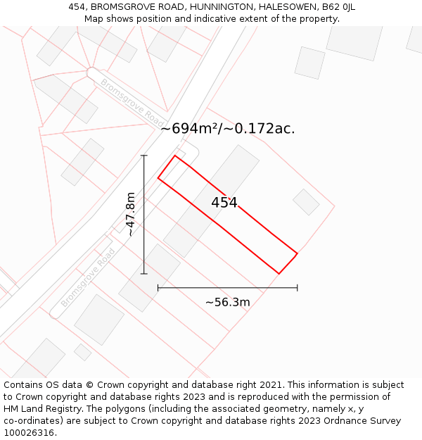 454, BROMSGROVE ROAD, HUNNINGTON, HALESOWEN, B62 0JL: Plot and title map