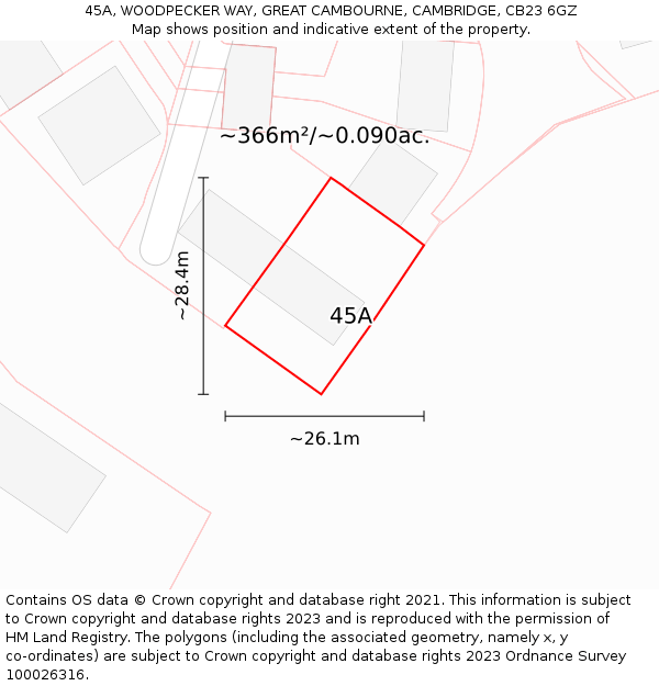 45A, WOODPECKER WAY, GREAT CAMBOURNE, CAMBRIDGE, CB23 6GZ: Plot and title map