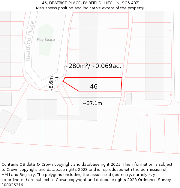 46, BEATRICE PLACE, FAIRFIELD, HITCHIN, SG5 4RZ: Plot and title map