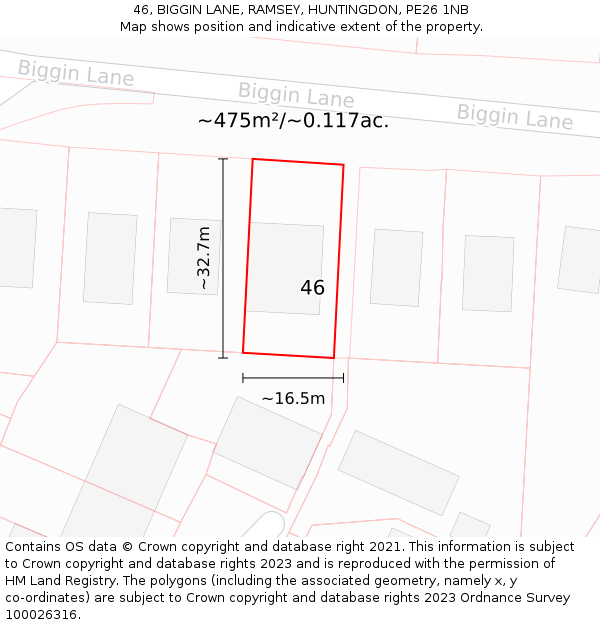 46, BIGGIN LANE, RAMSEY, HUNTINGDON, PE26 1NB: Plot and title map