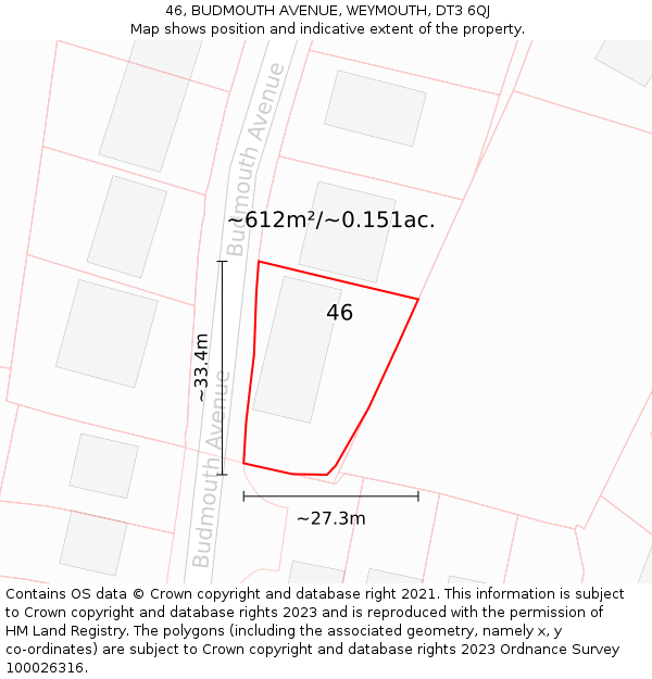 46, BUDMOUTH AVENUE, WEYMOUTH, DT3 6QJ: Plot and title map
