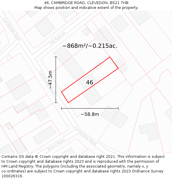 46, CAMBRIDGE ROAD, CLEVEDON, BS21 7HB: Plot and title map