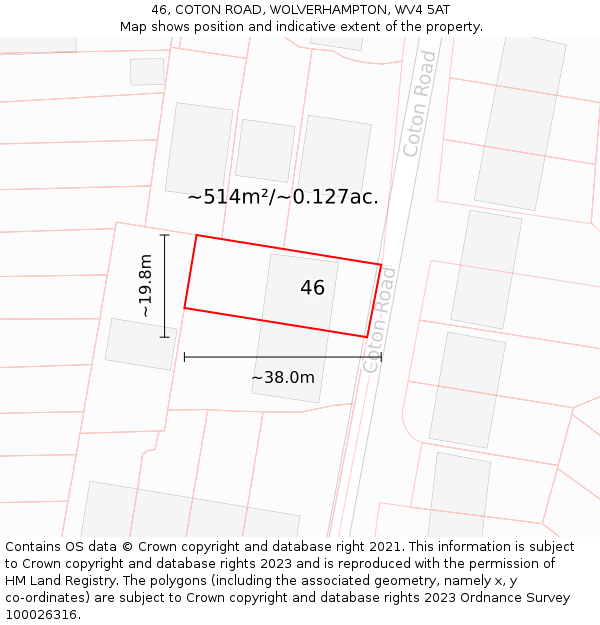 46, COTON ROAD, WOLVERHAMPTON, WV4 5AT: Plot and title map