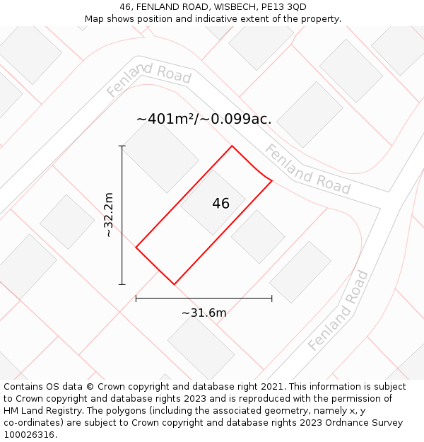 46, FENLAND ROAD, WISBECH, PE13 3QD: Plot and title map