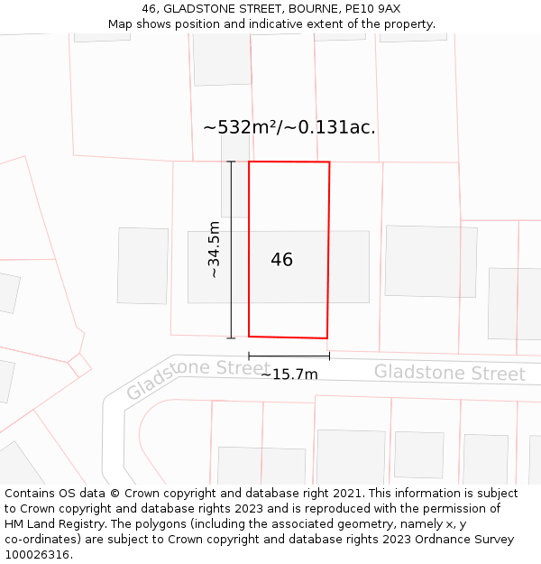 46, GLADSTONE STREET, BOURNE, PE10 9AX: Plot and title map
