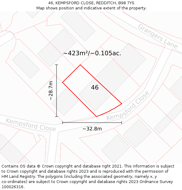 46, KEMPSFORD CLOSE, REDDITCH, B98 7YS: Plot and title map