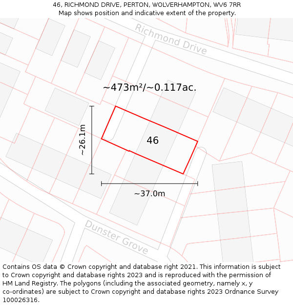 46, RICHMOND DRIVE, PERTON, WOLVERHAMPTON, WV6 7RR: Plot and title map