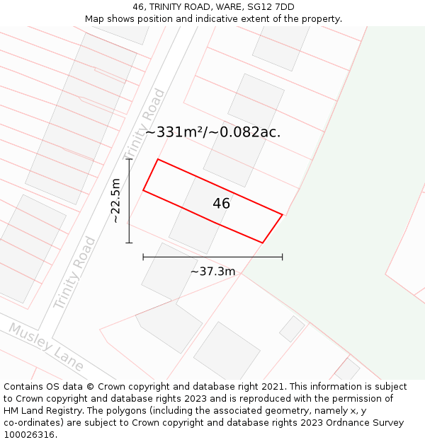 46, TRINITY ROAD, WARE, SG12 7DD: Plot and title map