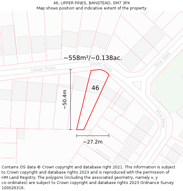 46, UPPER PINES, BANSTEAD, SM7 3PX: Plot and title map