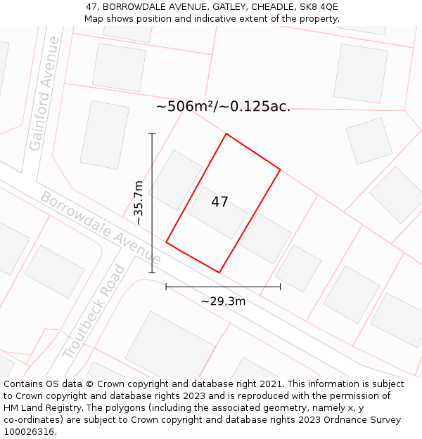 47, BORROWDALE AVENUE, GATLEY, CHEADLE, SK8 4QE: Plot and title map