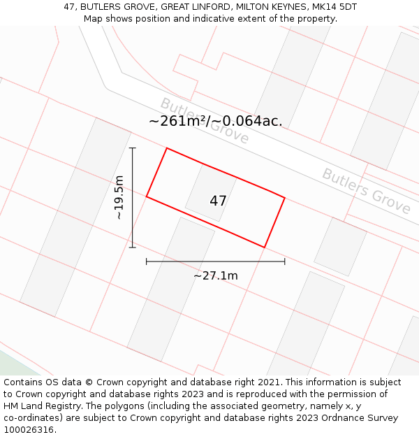 47, BUTLERS GROVE, GREAT LINFORD, MILTON KEYNES, MK14 5DT: Plot and title map
