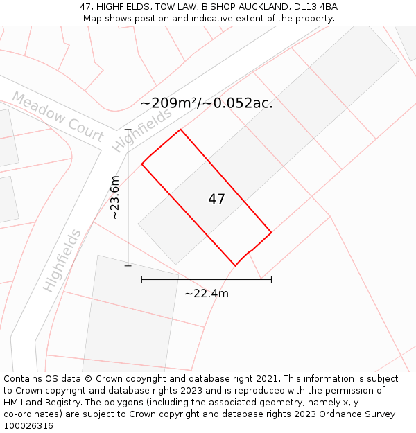 47, HIGHFIELDS, TOW LAW, BISHOP AUCKLAND, DL13 4BA: Plot and title map