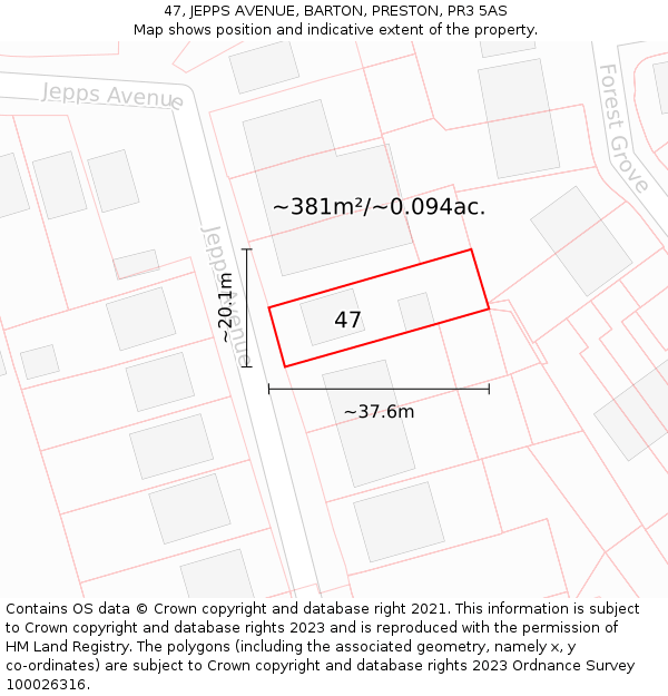 47, JEPPS AVENUE, BARTON, PRESTON, PR3 5AS: Plot and title map