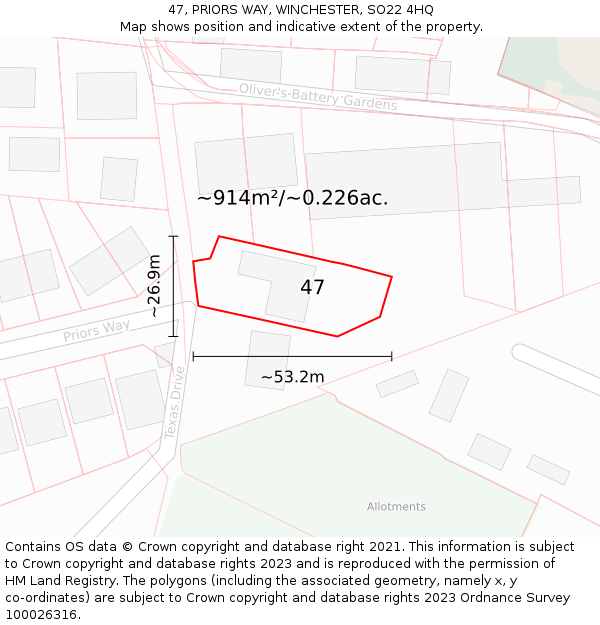 47, PRIORS WAY, WINCHESTER, SO22 4HQ: Plot and title map