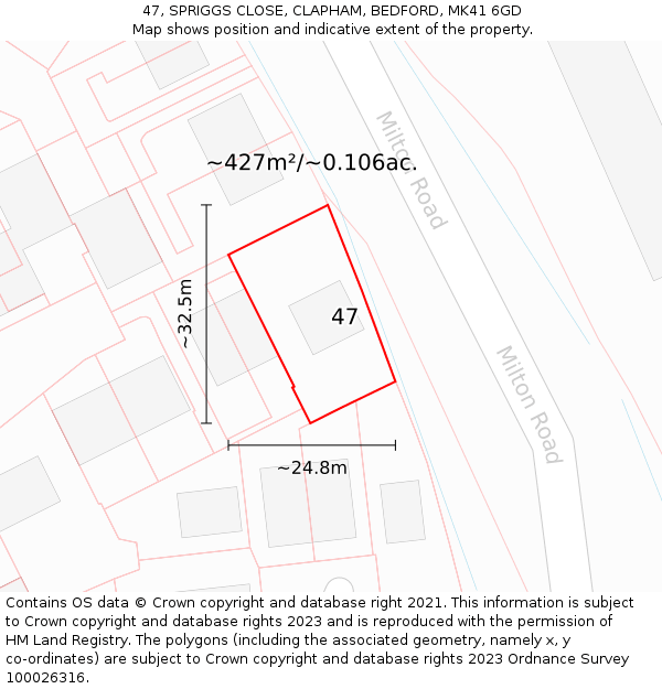 47, SPRIGGS CLOSE, CLAPHAM, BEDFORD, MK41 6GD: Plot and title map