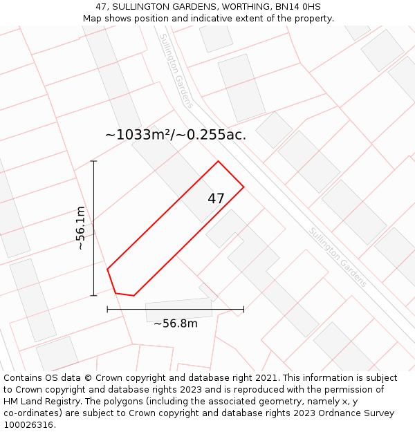47, SULLINGTON GARDENS, WORTHING, BN14 0HS: Plot and title map