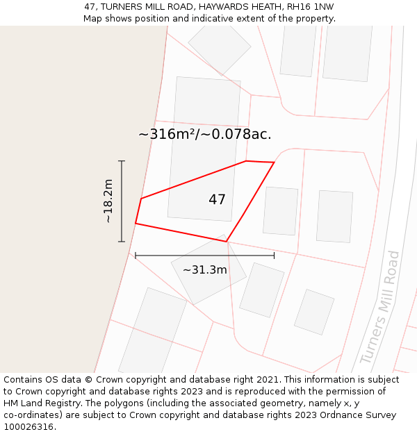 47, TURNERS MILL ROAD, HAYWARDS HEATH, RH16 1NW: Plot and title map