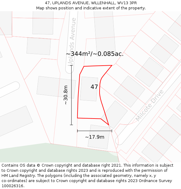 47, UPLANDS AVENUE, WILLENHALL, WV13 3PR: Plot and title map