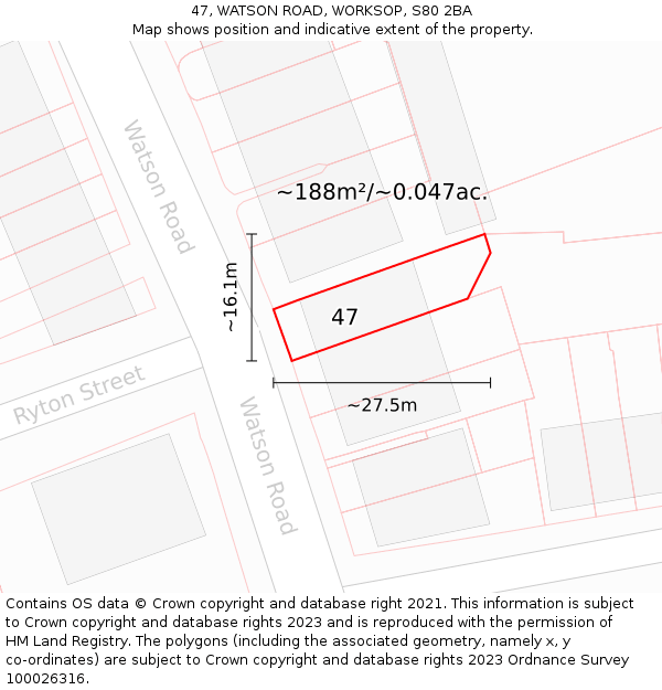 47, WATSON ROAD, WORKSOP, S80 2BA: Plot and title map