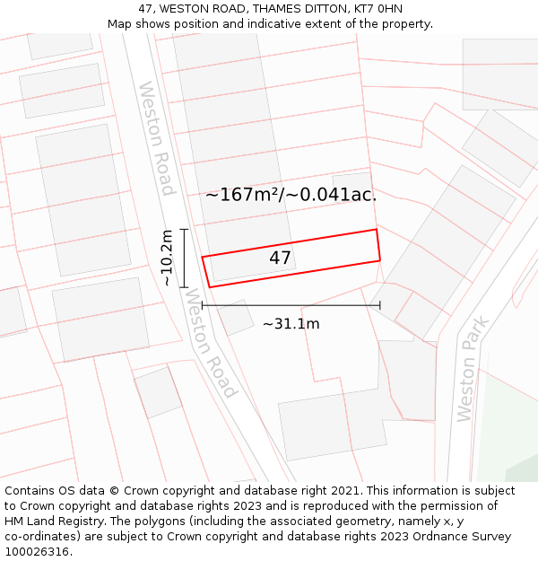 47, WESTON ROAD, THAMES DITTON, KT7 0HN: Plot and title map