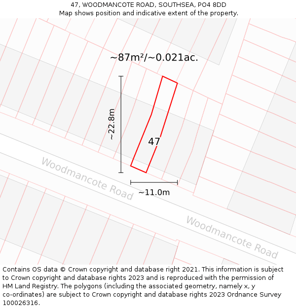 47, WOODMANCOTE ROAD, SOUTHSEA, PO4 8DD: Plot and title map