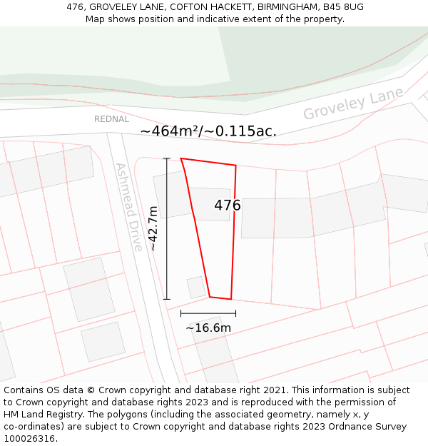 476, GROVELEY LANE, COFTON HACKETT, BIRMINGHAM, B45 8UG: Plot and title map