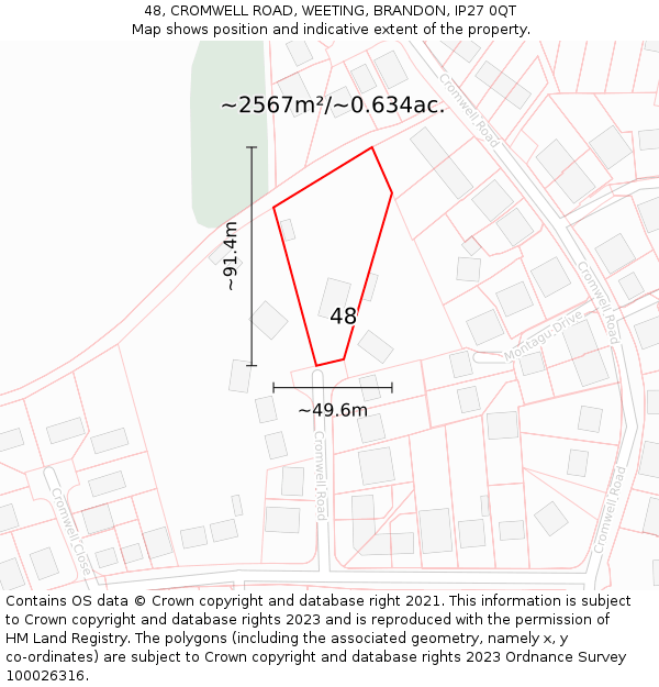 48, CROMWELL ROAD, WEETING, BRANDON, IP27 0QT: Plot and title map