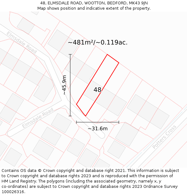 48, ELMSDALE ROAD, WOOTTON, BEDFORD, MK43 9JN: Plot and title map