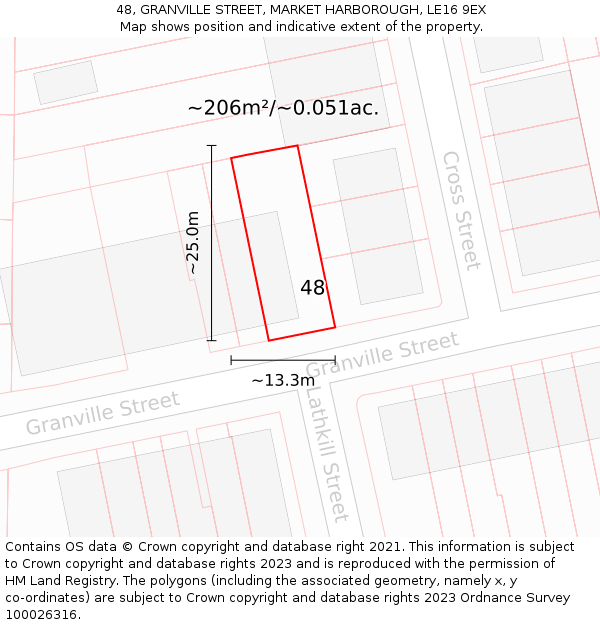 48, GRANVILLE STREET, MARKET HARBOROUGH, LE16 9EX: Plot and title map