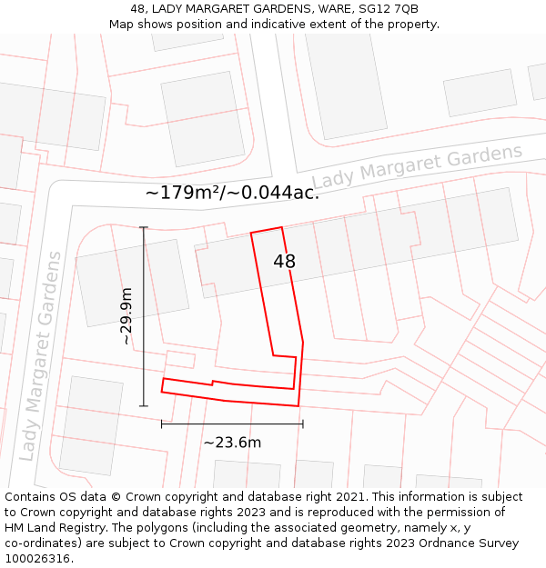 48, LADY MARGARET GARDENS, WARE, SG12 7QB: Plot and title map