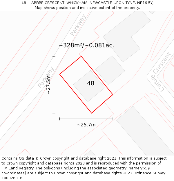 48, L'ARBRE CRESCENT, WHICKHAM, NEWCASTLE UPON TYNE, NE16 5YJ: Plot and title map