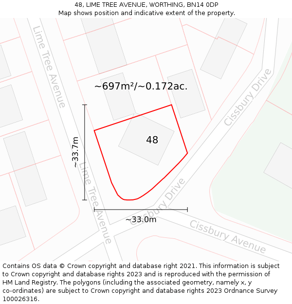 48, LIME TREE AVENUE, WORTHING, BN14 0DP: Plot and title map
