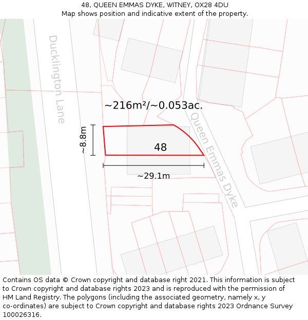 48, QUEEN EMMAS DYKE, WITNEY, OX28 4DU: Plot and title map