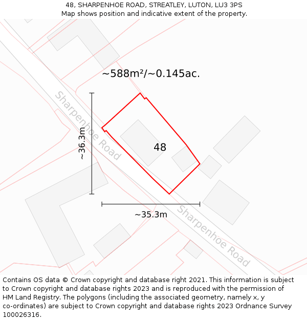 48, SHARPENHOE ROAD, STREATLEY, LUTON, LU3 3PS: Plot and title map