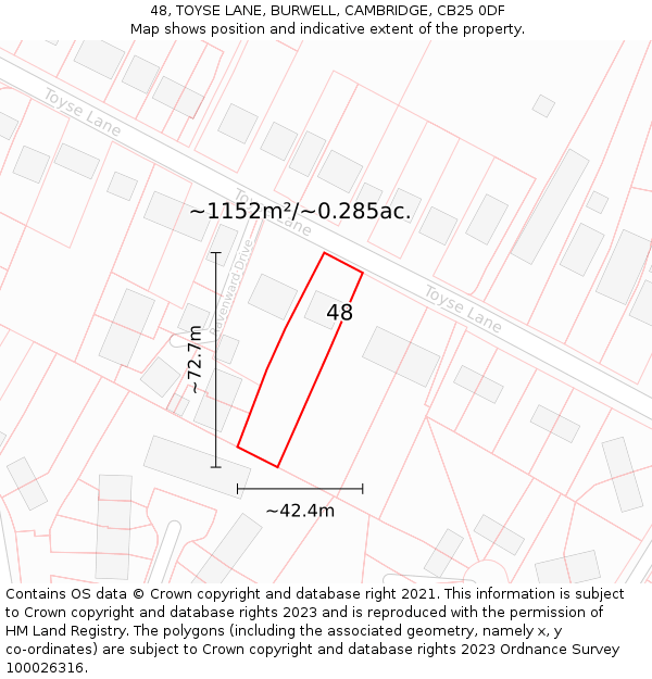 48, TOYSE LANE, BURWELL, CAMBRIDGE, CB25 0DF: Plot and title map