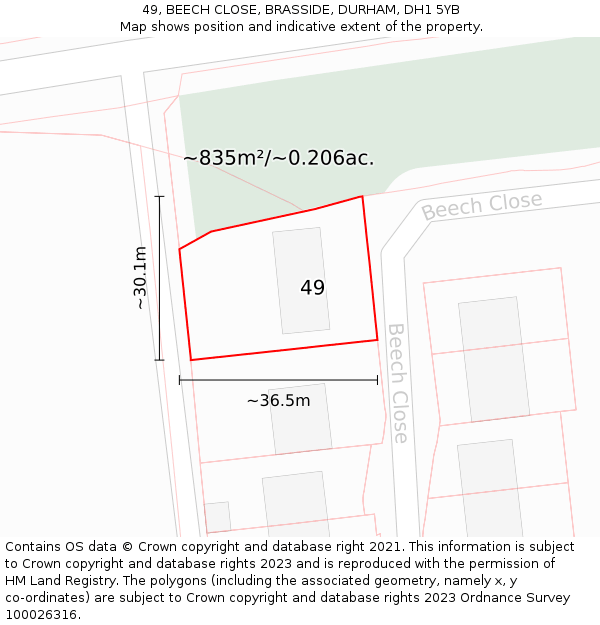 49, BEECH CLOSE, BRASSIDE, DURHAM, DH1 5YB: Plot and title map