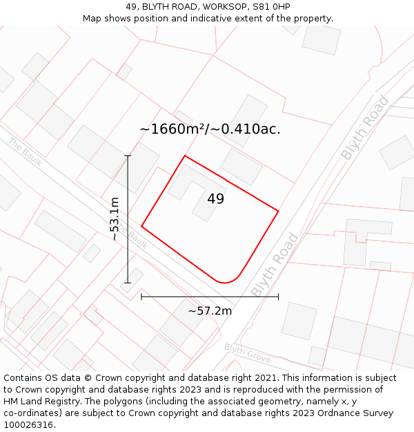 49, BLYTH ROAD, WORKSOP, S81 0HP: Plot and title map