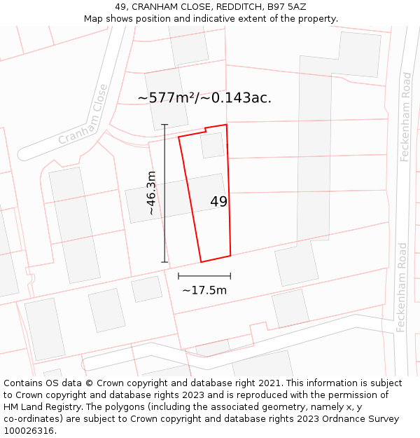 49, CRANHAM CLOSE, REDDITCH, B97 5AZ: Plot and title map