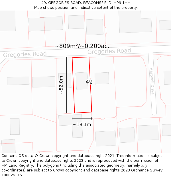 49, GREGORIES ROAD, BEACONSFIELD, HP9 1HH: Plot and title map