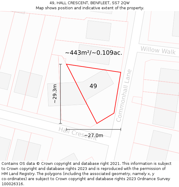 49, HALL CRESCENT, BENFLEET, SS7 2QW: Plot and title map