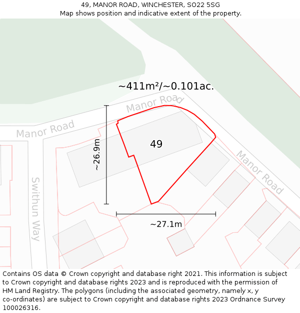 49, MANOR ROAD, WINCHESTER, SO22 5SG: Plot and title map