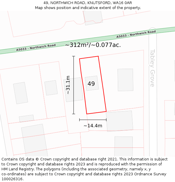 49, NORTHWICH ROAD, KNUTSFORD, WA16 0AR: Plot and title map