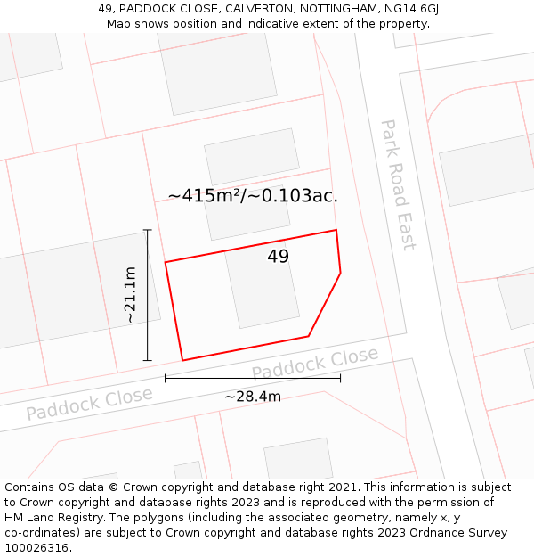 49, PADDOCK CLOSE, CALVERTON, NOTTINGHAM, NG14 6GJ: Plot and title map