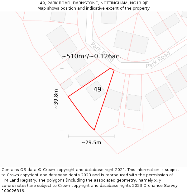 49, PARK ROAD, BARNSTONE, NOTTINGHAM, NG13 9JF: Plot and title map