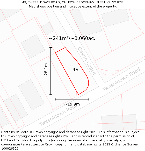 49, TWESELDOWN ROAD, CHURCH CROOKHAM, FLEET, GU52 8DE: Plot and title map