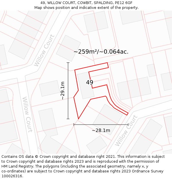 49, WILLOW COURT, COWBIT, SPALDING, PE12 6GF: Plot and title map