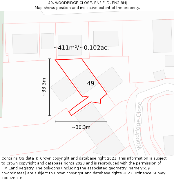 49, WOODRIDGE CLOSE, ENFIELD, EN2 8HJ: Plot and title map