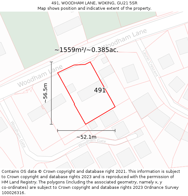 491, WOODHAM LANE, WOKING, GU21 5SR: Plot and title map