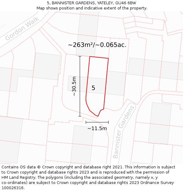 5, BANNISTER GARDENS, YATELEY, GU46 6BW: Plot and title map